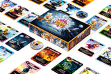 Board game box surrounded by colorful game cards on a white background