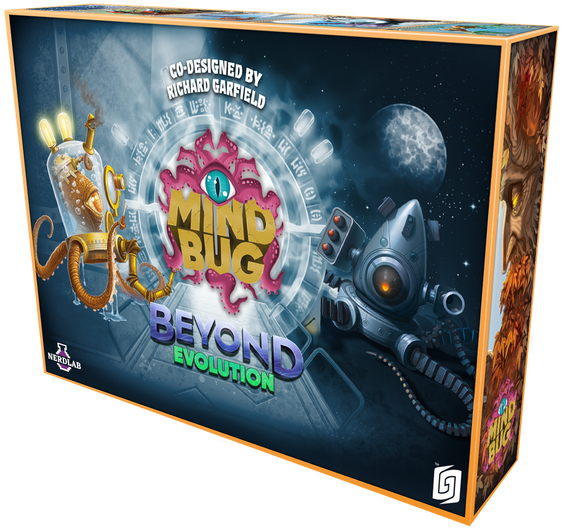 Board game box for 'Mind Bug Beyond Evolution' with sci-fi design elements.