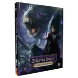 The front and spine of the 'Sebastian Crowes: Guide to Drakhenlein' tabletop RPG supplement are shown on a clean white background. The cover art features a dramatic fantasy illustration of a giant, snarling dragon with glowing purple eyes and a warrior holding a glowing crystal.