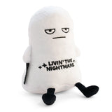 White ghost plush toy with black text 'Livin' the Nightmare' on a white background