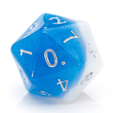 Blue and white polyhedral dice with numbers on a white background