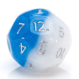 D12 polyhedral dice with blue and white color scheme on a white background
