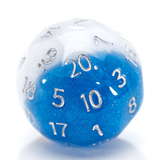 Blue and clear polyhedral dice with silver numbers on a white background