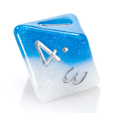 Blue and white dice with silver '4' and 'CU' on a white background