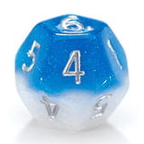 Blue and white polyhedral dice with silver numbers on a white background