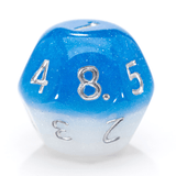 Blue and white die with silver numbers on a white background