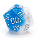 Blue and white polyhedral dice with silver numbers on a white background