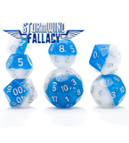 Blue and white dice set with 'Stormwind Fallacy' branding on a white background