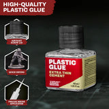 Bottle of 'The Army Painter' plastic glue with features highlighted on a dark background