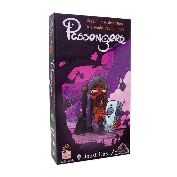 Board game box titled 'Passengers' with a purple and black design featuring characters and text.