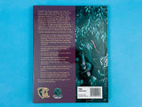Back cover of a book with text and graphics on a blue background