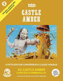 Cover of 'Castle Amber' book with illustration of a giant and castle, on a gold background.