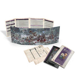 Card game components including cards and a colorful illustration on a white background