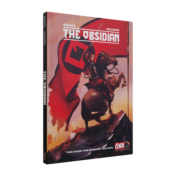 Book titled 'The Obsidian' with a warrior on horseback illustration on the cover.