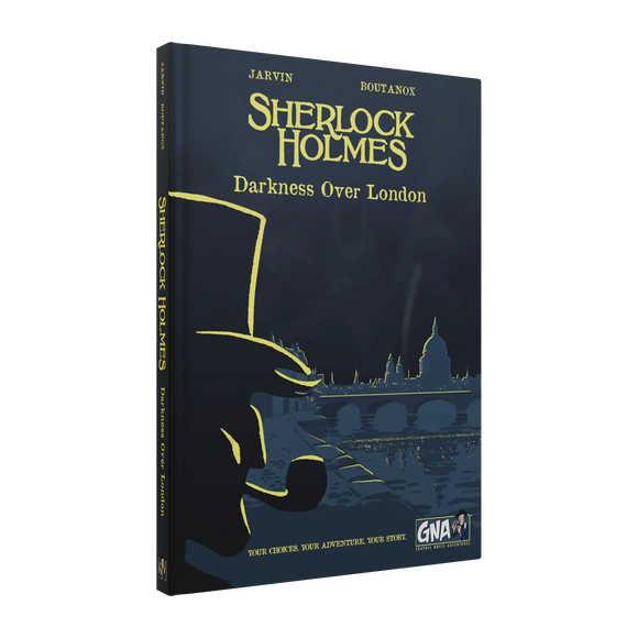 Book titled 'Sherlock Holmes: Darkness Over London' with a dark cover and yellow text.