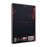 Back cover of a book with red splatter design and text on a white background
