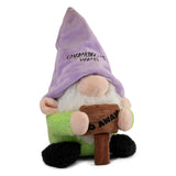 Plush gnome toy with a purple hat and sign on a white background
