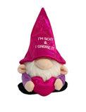 Plush gnome with a pink hat and heart, sitting on a white background