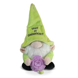 Gnome with a green hat and purple flower on a white background