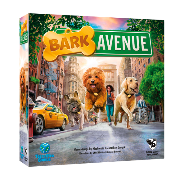 Board game box for 'Bark Avenue' with cartoon dogs on a city street.