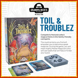 Board game packaging for 'Toil & Troublez' by Grandpa Beck's Games with cards displayed.