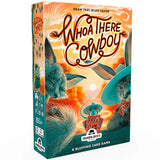 Board game box for 'Whoa There Cowboy' with cartoon characters and sunset design.