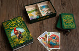 Gnomes-themed card game with cards and packaging on a wooden surface