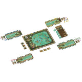 Board game components including a map and various pieces on a white background