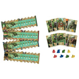 Board game components including cards and track rulers on a white background