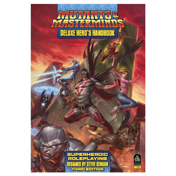 Book cover of 'Mutants & Masterminds Deluxe Hero's Handbook' with superhero-themed artwork.