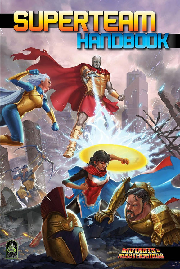 Cover of 'Superteam Handbook' featuring superhero characters in action against a cityscape background.
