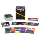 Card game components including cards and a box labeled 'Compile' on a white background