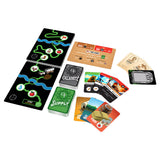 Collection of board game cards and components on a white background