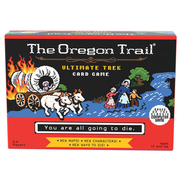 The Oregon Trail card game box with graphics and text on a white background
