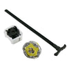A Beyblade toy set on a white background, featuring a silver and yellow spinning top, a long black throwing arm, and a white plastic launcher.