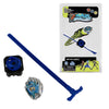 Beyblade toy set including a blue T-shaped launching rod, a blue and black top gun, a silver and blue Beyblade, and the World Mallest Beyblade card package on a white background.