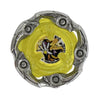 A Beyblade toy top view with a metallic silver outer frame and a translucent yellow inner ring, featuring a central graphic of a stylized bird head in black, white, and orange.