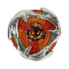 A Beyblade toy spinning top featuring a silver metallic outer frame, a translucent orange ring, and a red and black demonic face emblem in the center, isolated on a white background.