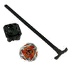 A Beyblade toy set on a plain white background, including a silver and orange spinning top, a black launcher rod, and a black launcher base.