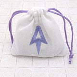 White drawstring bag with a purple embroidered letter 'A' on a white background