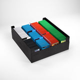 Colorful card storage boxes in a black organizer on a white background