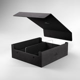 Black shoe box with open lid on a white background