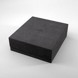 Black rectangular box with a brand logo on a white background