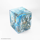 Blue and white dragon-themed dice box on a white background
