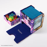 Card storage box with blue cards, dice, and a card holder on a white background