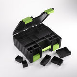 Black and green tool storage box with compartments on a white background