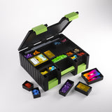 Black and green compartmentalized storage box with colorful items on a white background