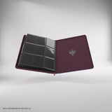 Maroon card binder with transparent front panel on a gray background