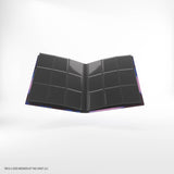 Black trading card holder with grid design on a white background