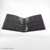 Card holder with purple border and black grid compartments on a white background